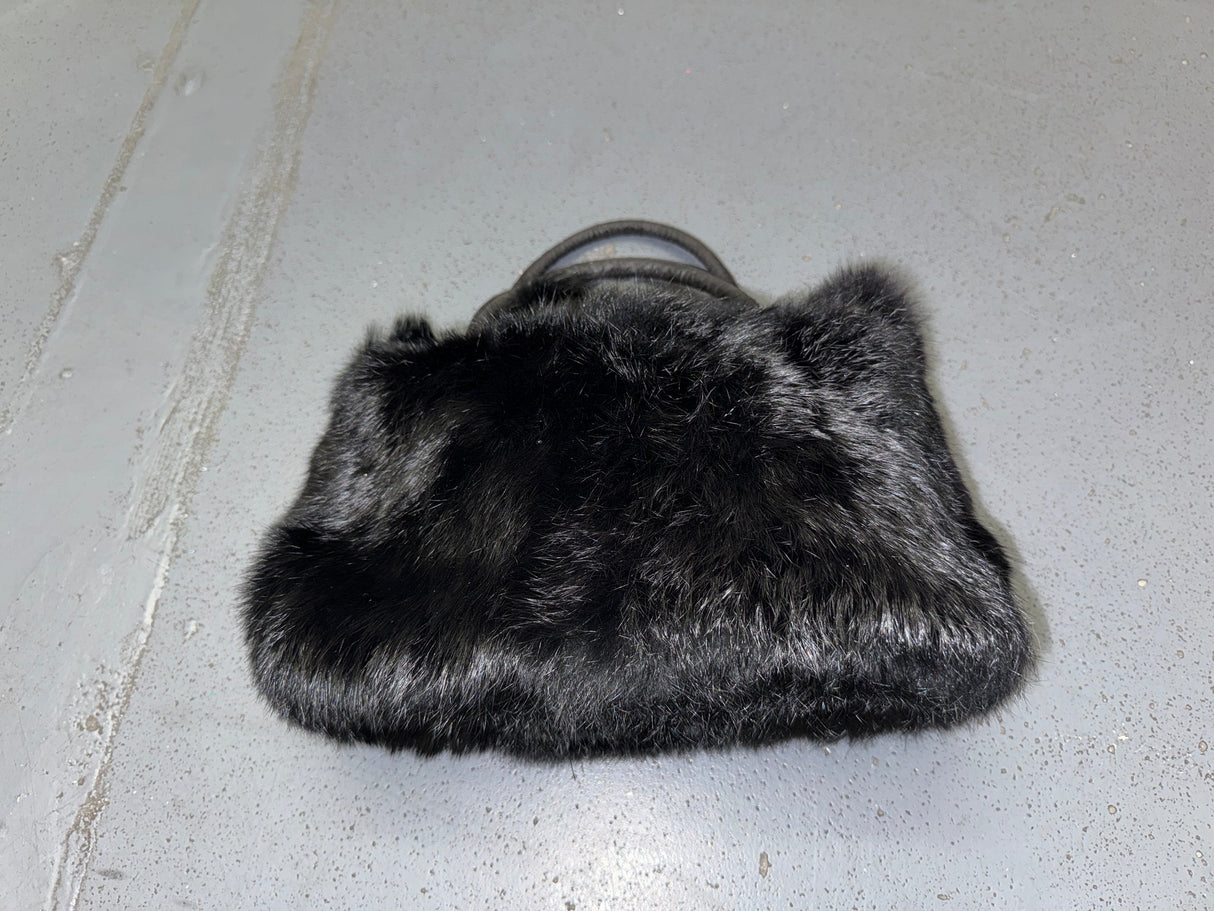 Black Rabbit Fur Bag with Pom Poms