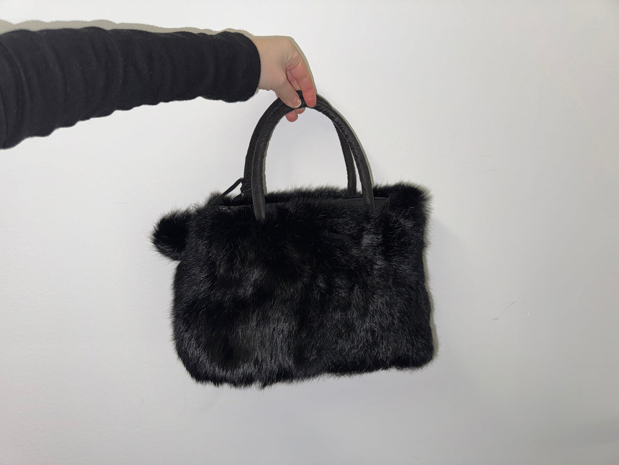 Black Rabbit Fur Bag with Pom Poms