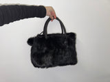 Black Rabbit Fur Bag with Pom Poms