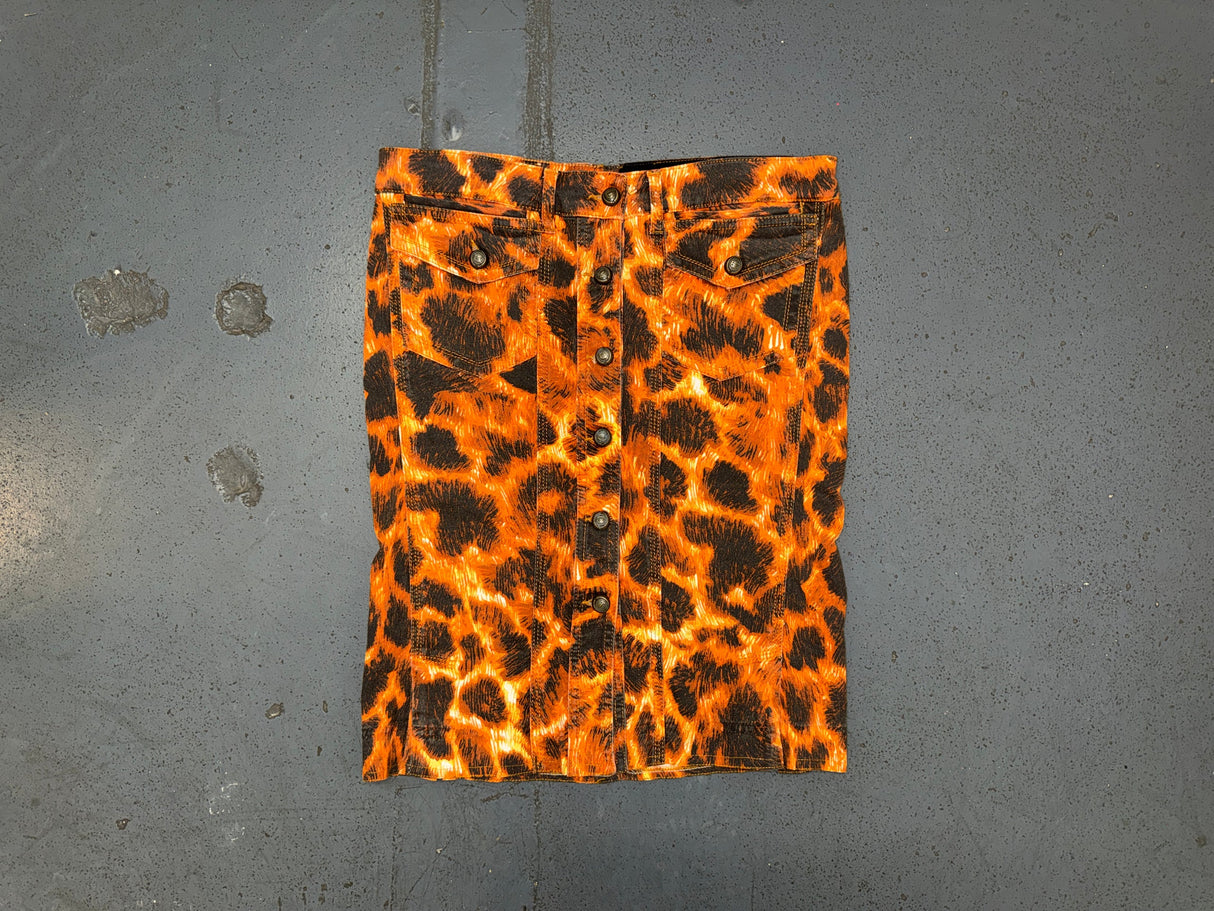 JUST CAVALLI Orange/Black Animal Print Denim Midi Skirt