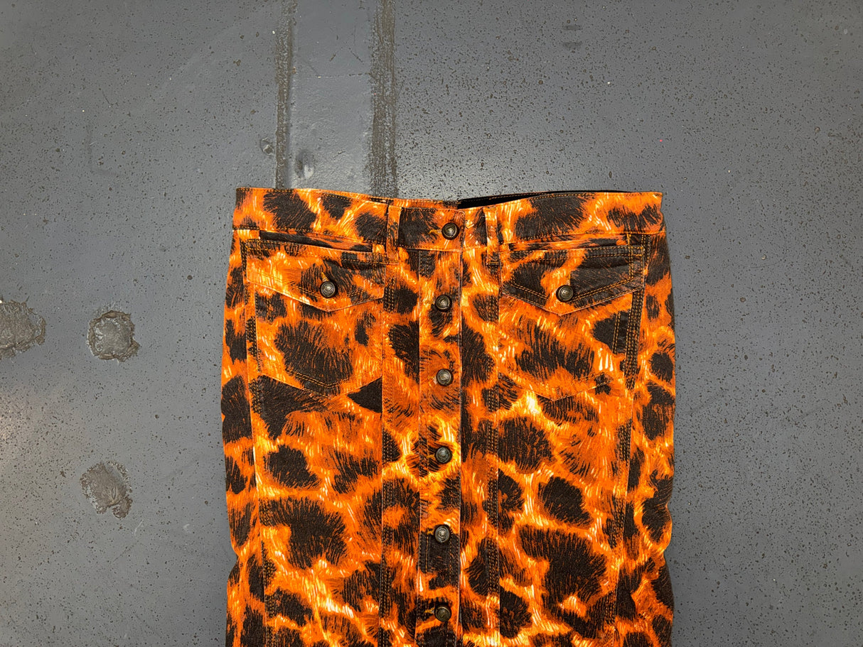 JUST CAVALLI Orange/Black Animal Print Denim Midi Skirt