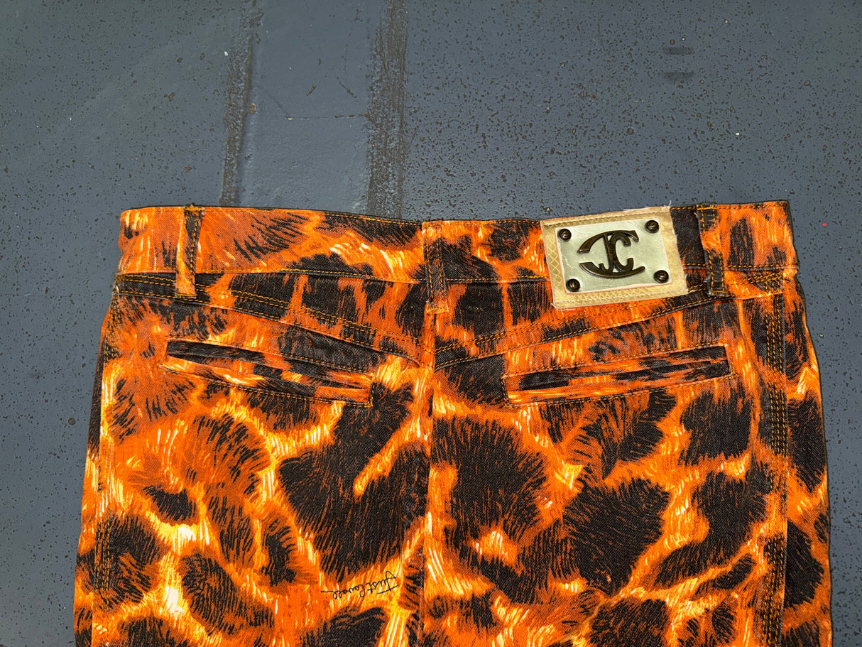 JUST CAVALLI Orange/Black Animal Print Denim Midi Skirt