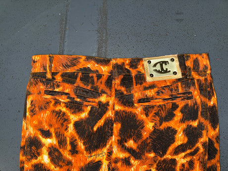 JUST CAVALLI Orange/Black Animal Print Denim Midi Skirt