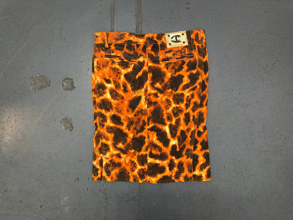 JUST CAVALLI Orange/Black Animal Print Denim Midi Skirt