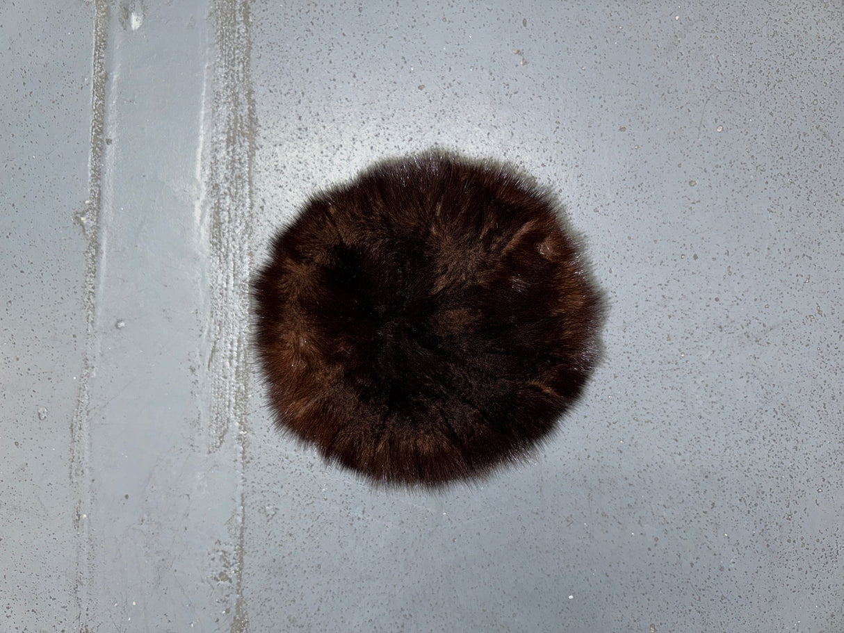 Mink Fur Pillbox Hat with Black Leather Trim