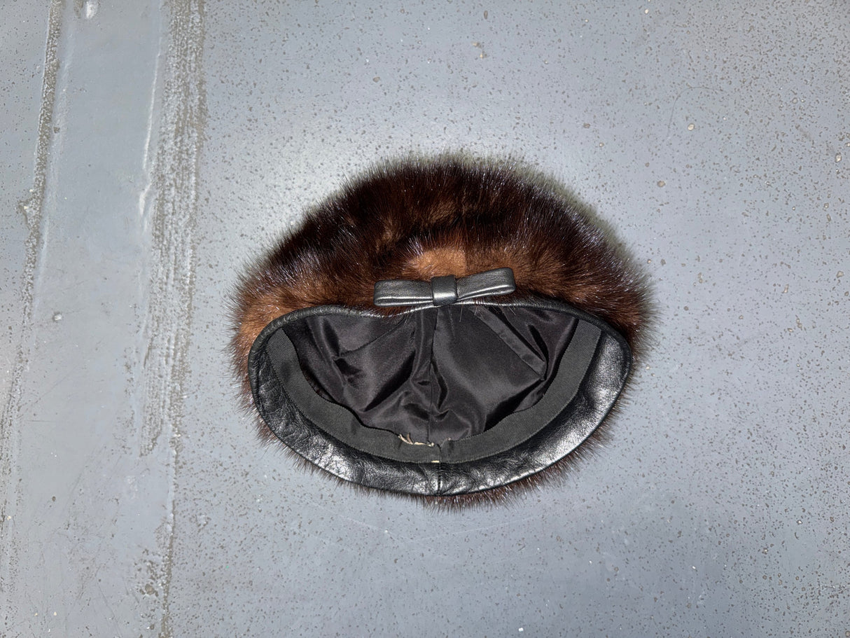 Mink Fur Pillbox Hat with Black Leather Trim