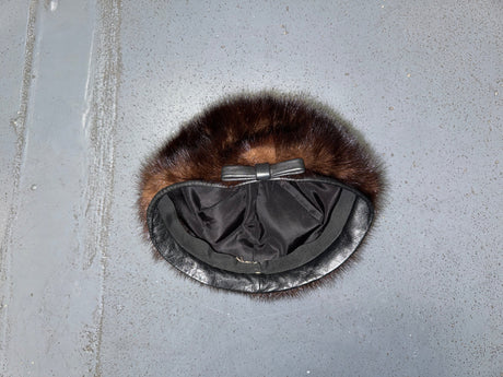 Mink Fur Pillbox Hat with Black Leather Trim