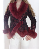Burgundy Suede Fox Fur Trim Wrap Coat
