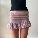 Italian Lilac Purple Sheer Mesh Lace Trim Ruffled Mini Skirt