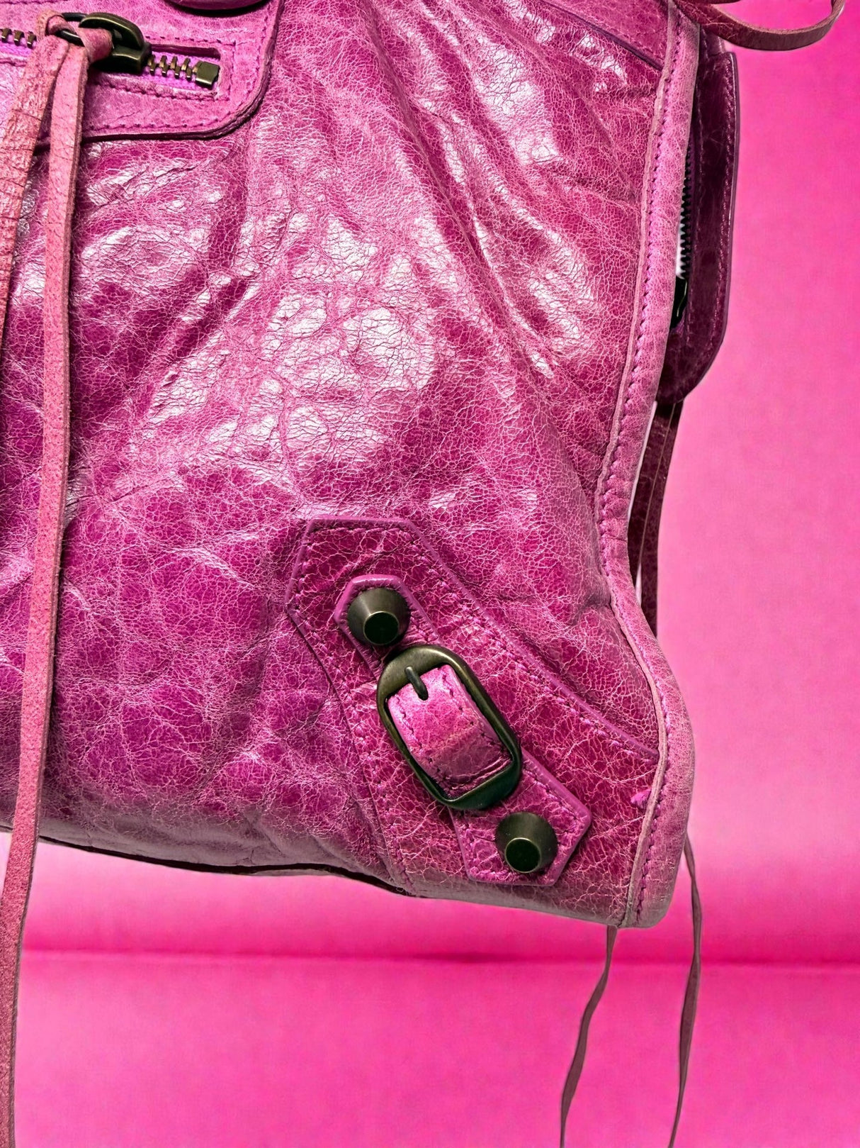 Balenciaga City Hot Pink Distressed Leather Two Way Bag