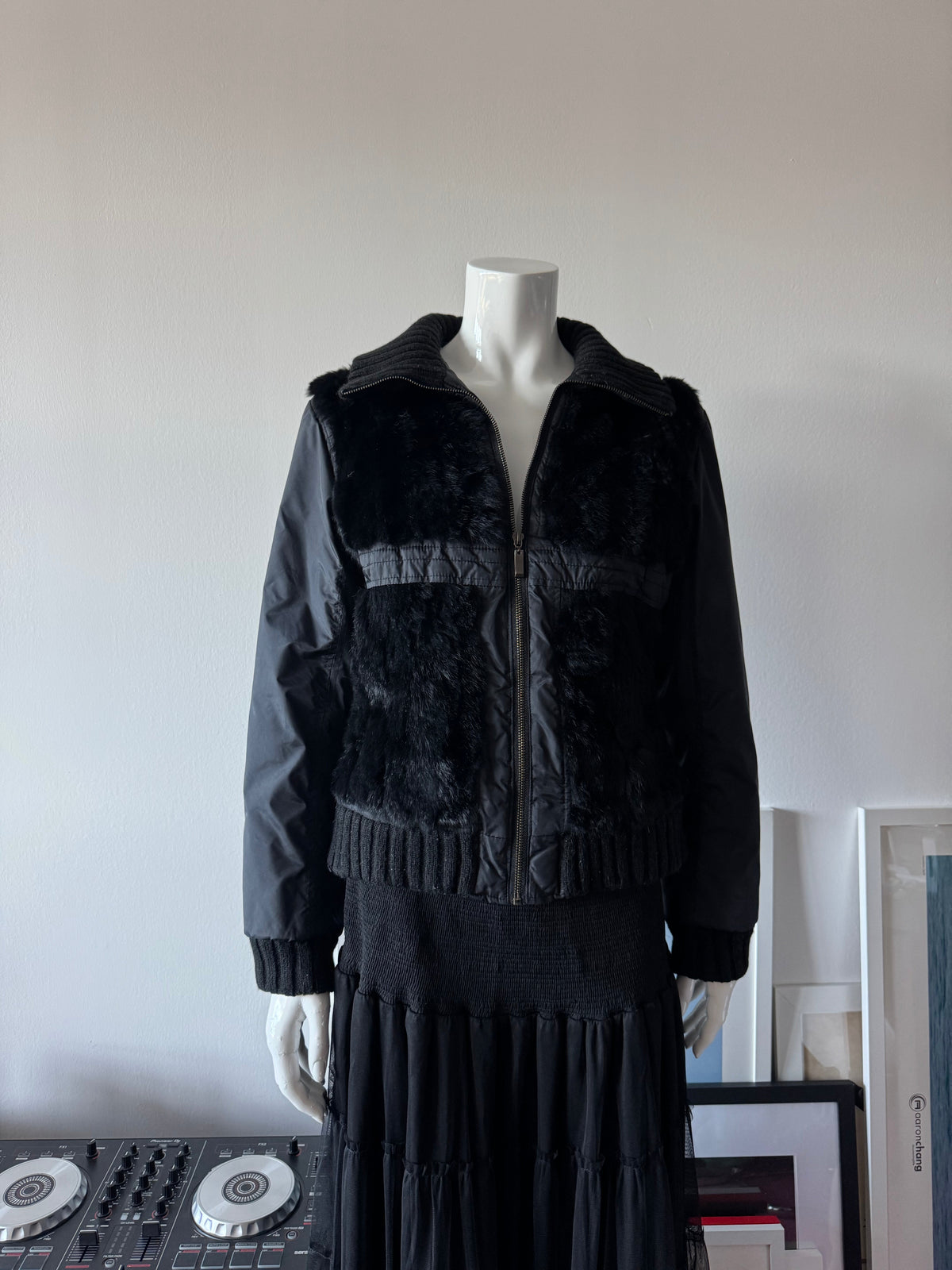 JENNYFER J. Black Rabbit Fur Puffer and Knit Jacket Sz L