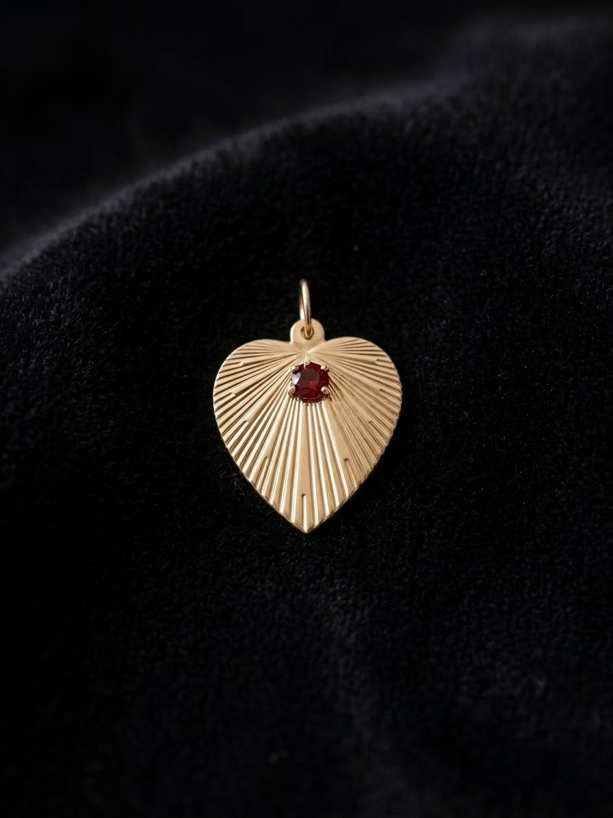 14K Engine Turned Heart Medallion with Garnet