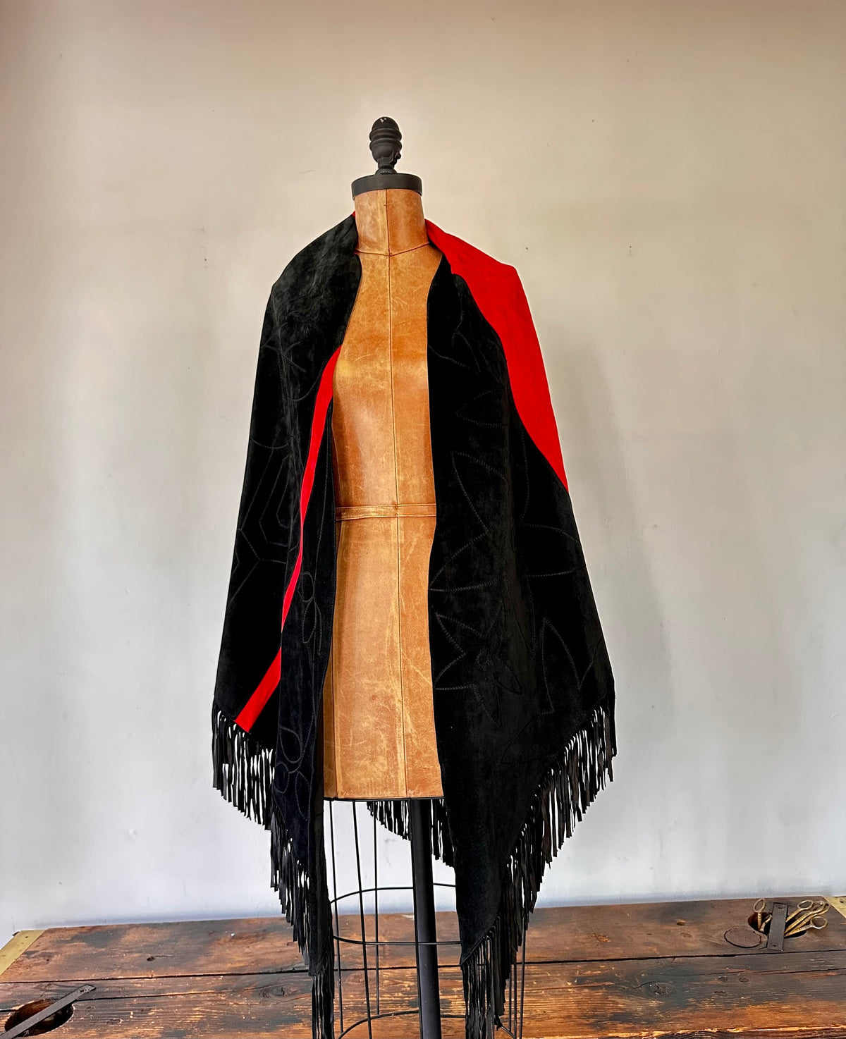 1980 Noir & Rouge Fringe Poncho Cape