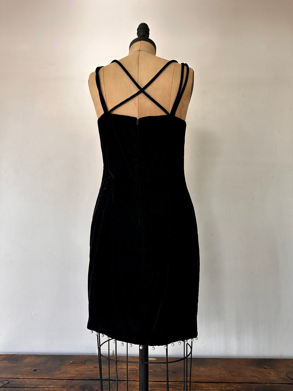 1980 Arrested	Noir Velvet Cross Body Pearl Trim dress