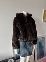 DONNA SALYERS Brown Faux Fur Hooded Bomber Jacket Sz S