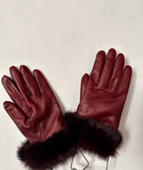 1990 Burgundy Leather Rabbit Fut Trim Gloves