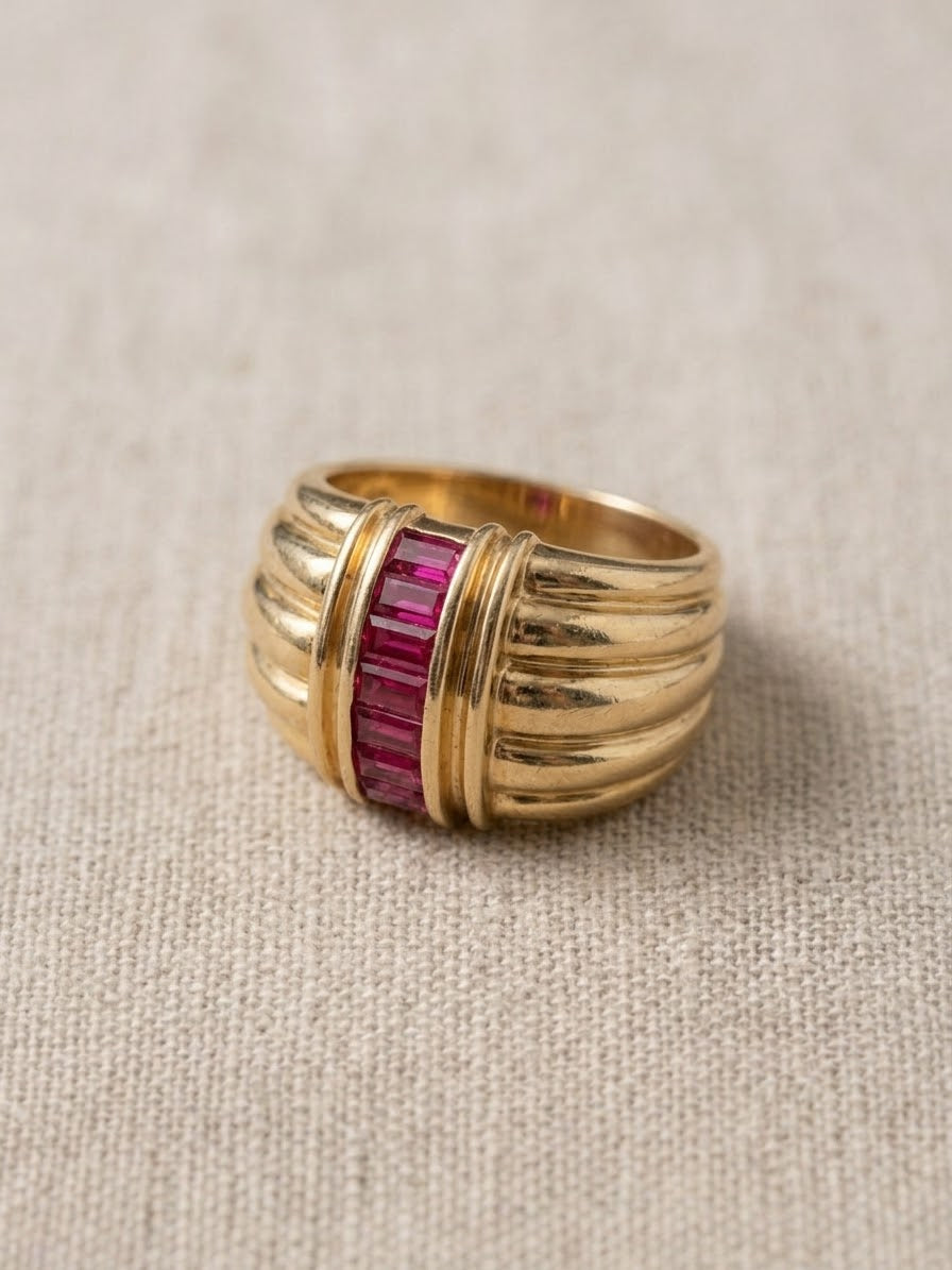 14K Gold Fluted Bombé Ring with Channel-Set Baguette Rubies