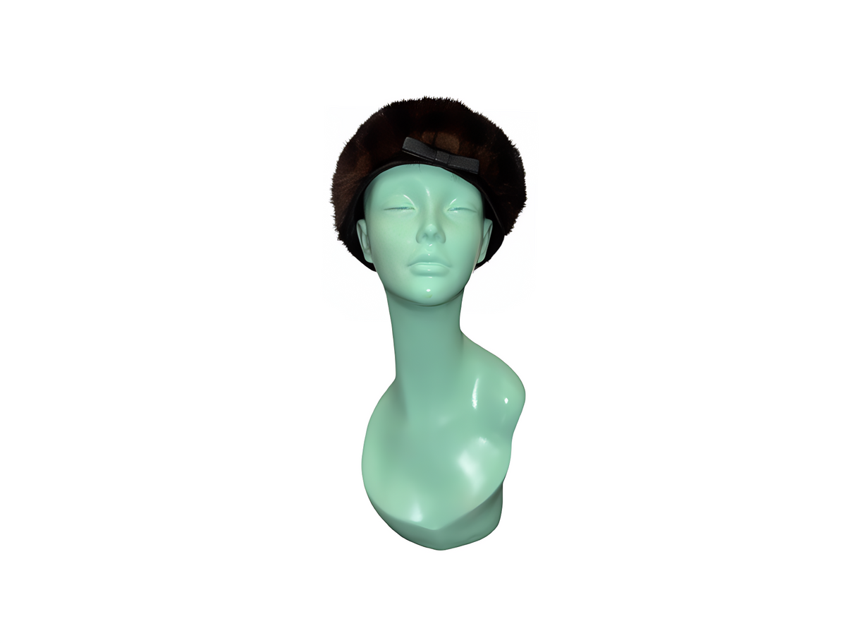 Mink Fur Pillbox Hat with Black Leather Trim