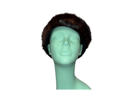 Mink Fur Pillbox Hat with Black Leather Trim