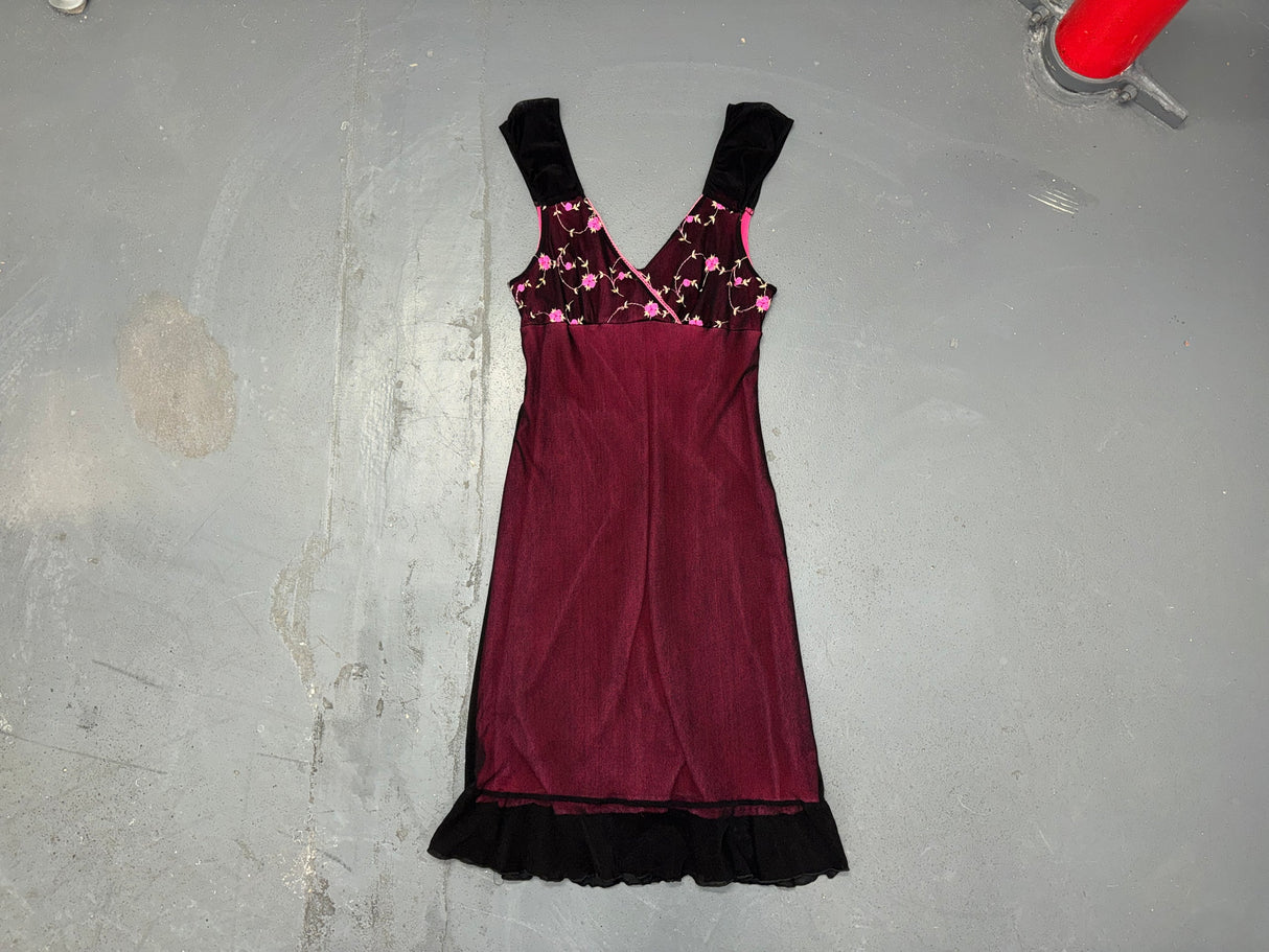 Black and Pink Mesh Floral Babydoll Dress