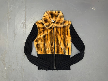 Black and Faux Fur Zip Up Sweater