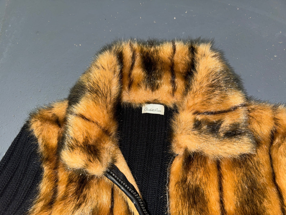 Black and Faux Fur Zip Up Sweater