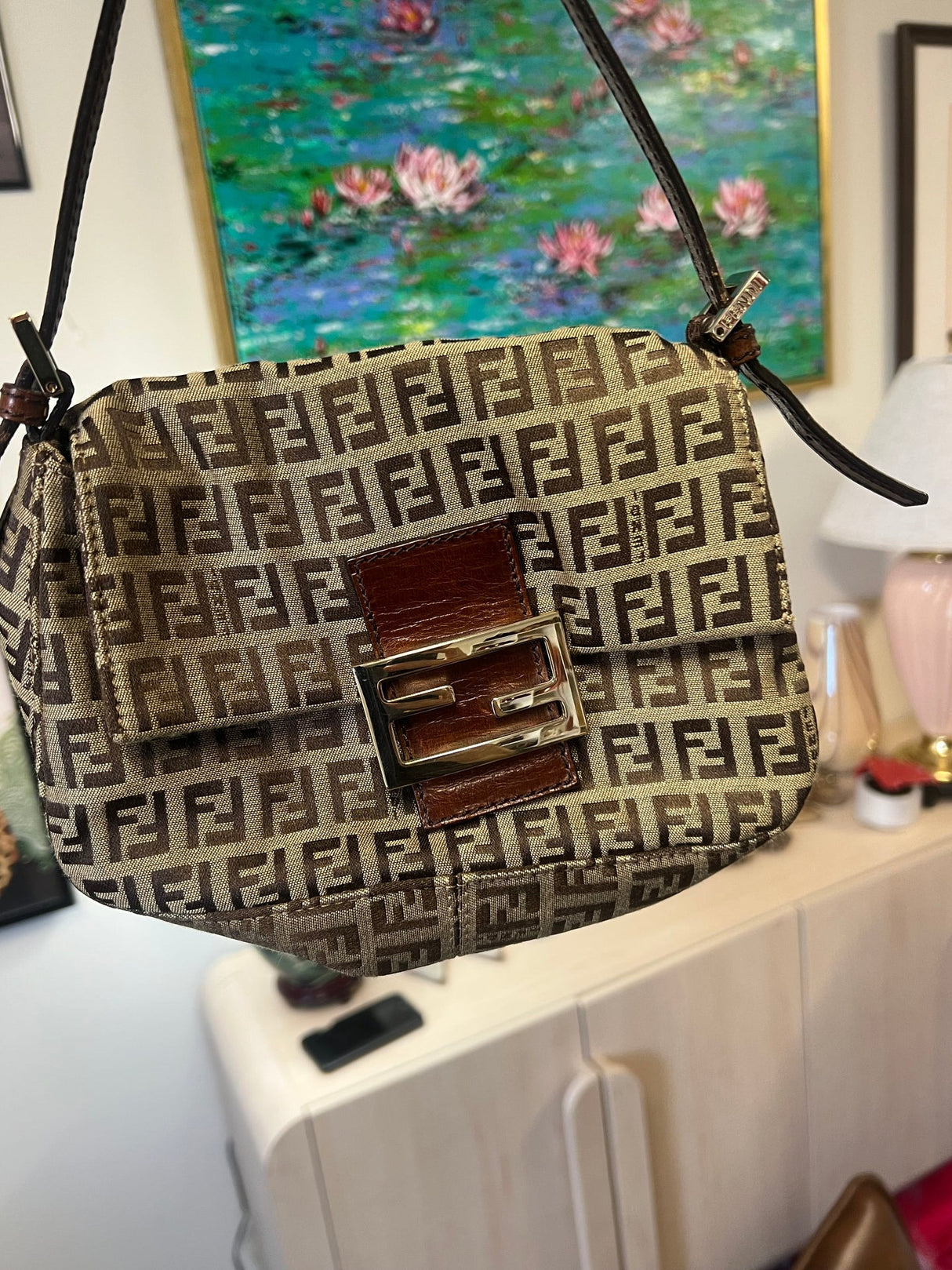 FENDI Mamma Baguette Zucchino Canvas Shoulder Bag Beige 8BR18039459-6-$665