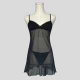 Textured bust ruffled slip dress with matching panties in black