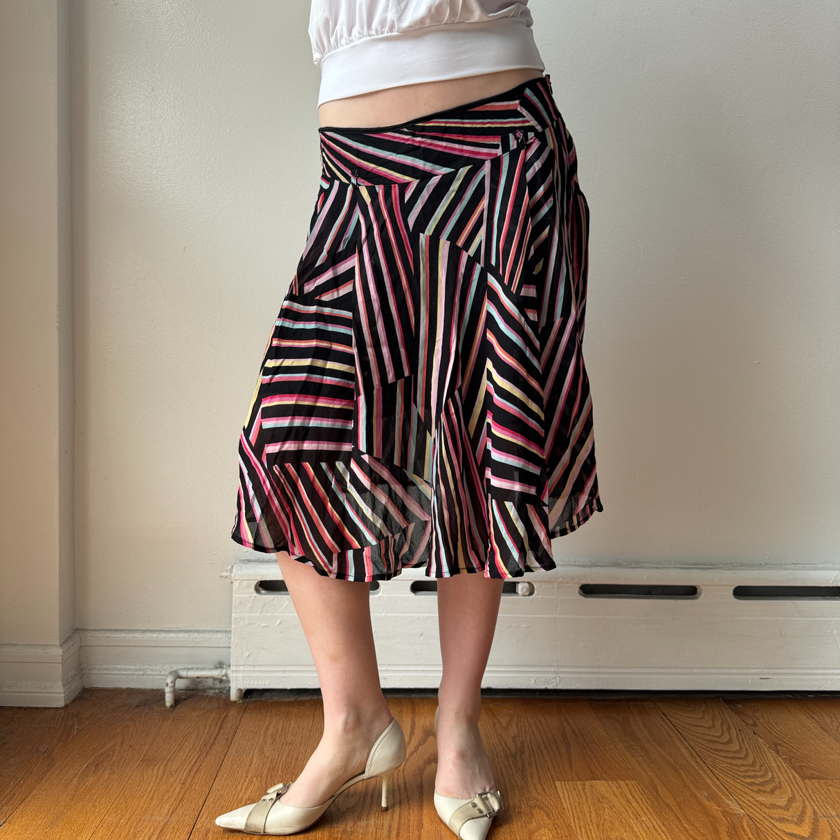 Italian Rainbow Striped Ruffled Midi Skirt