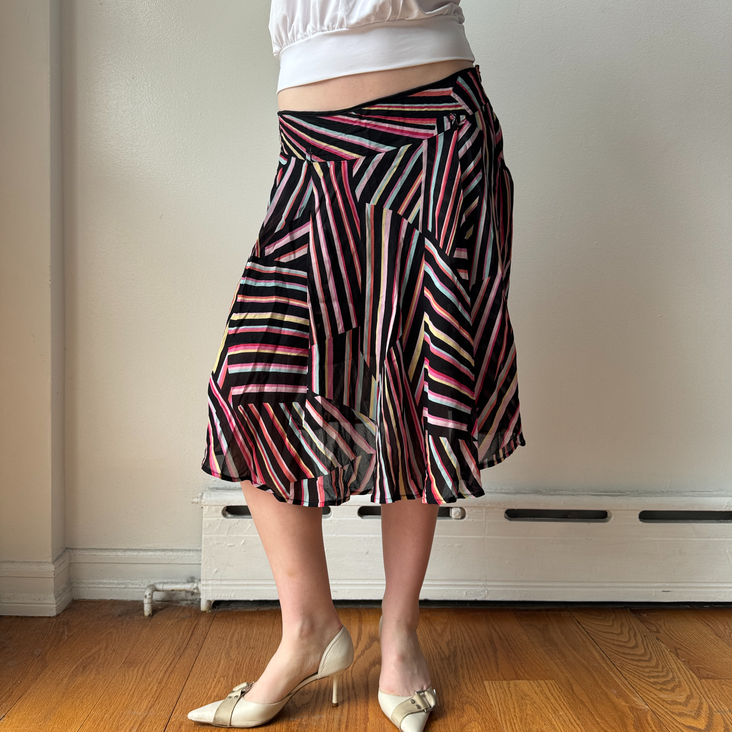 Italian Rainbow Striped Ruffled Midi Skirt