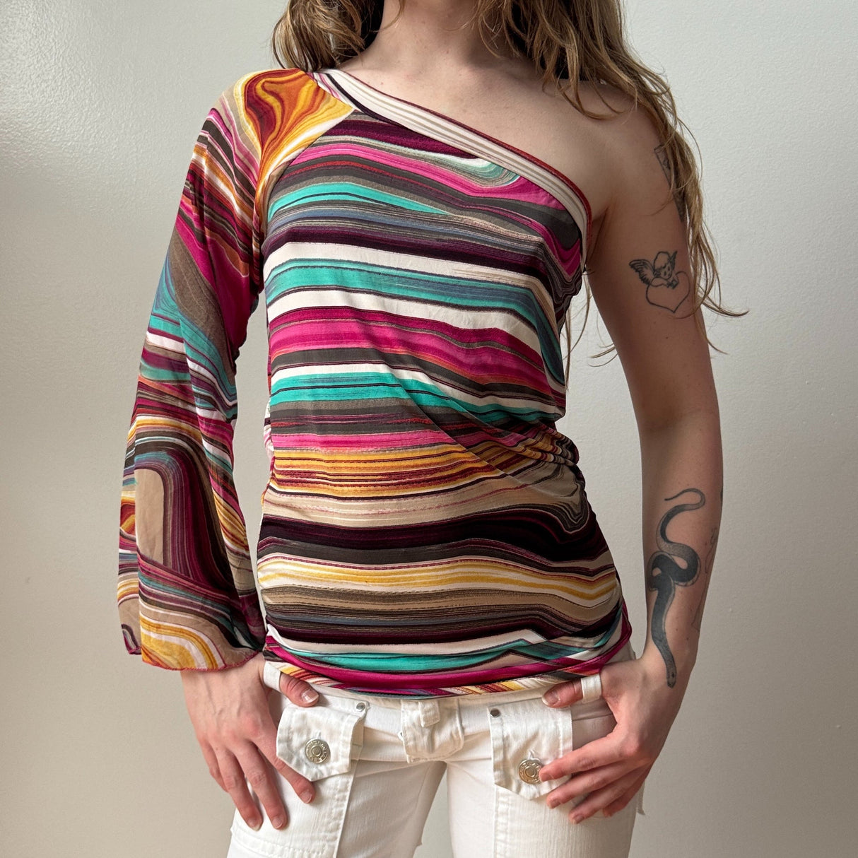 Italian Striped Sheer Sleeve One Shoulder Slouchy Top