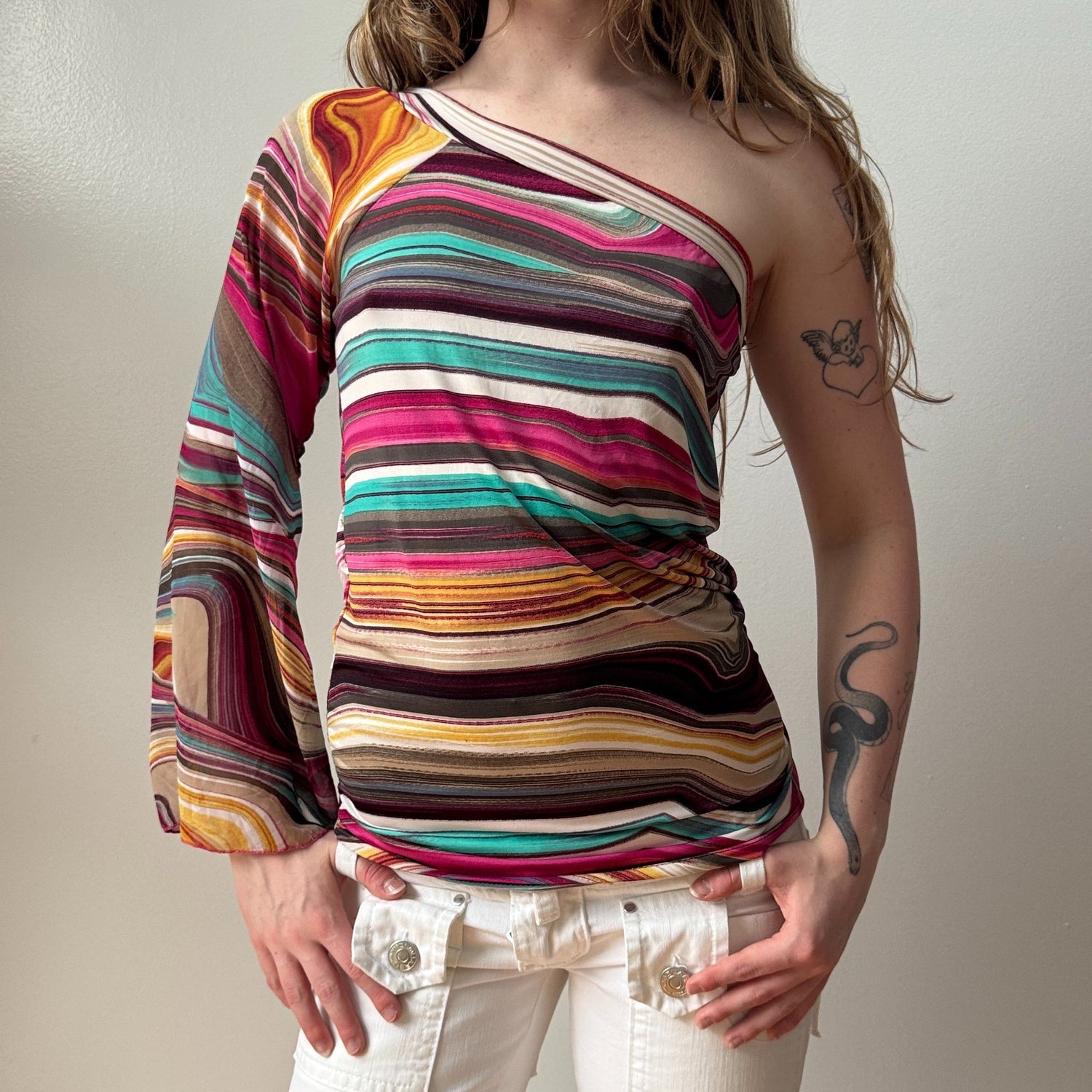 Italian Striped Sheer Sleeve One Shoulder Slouchy Top