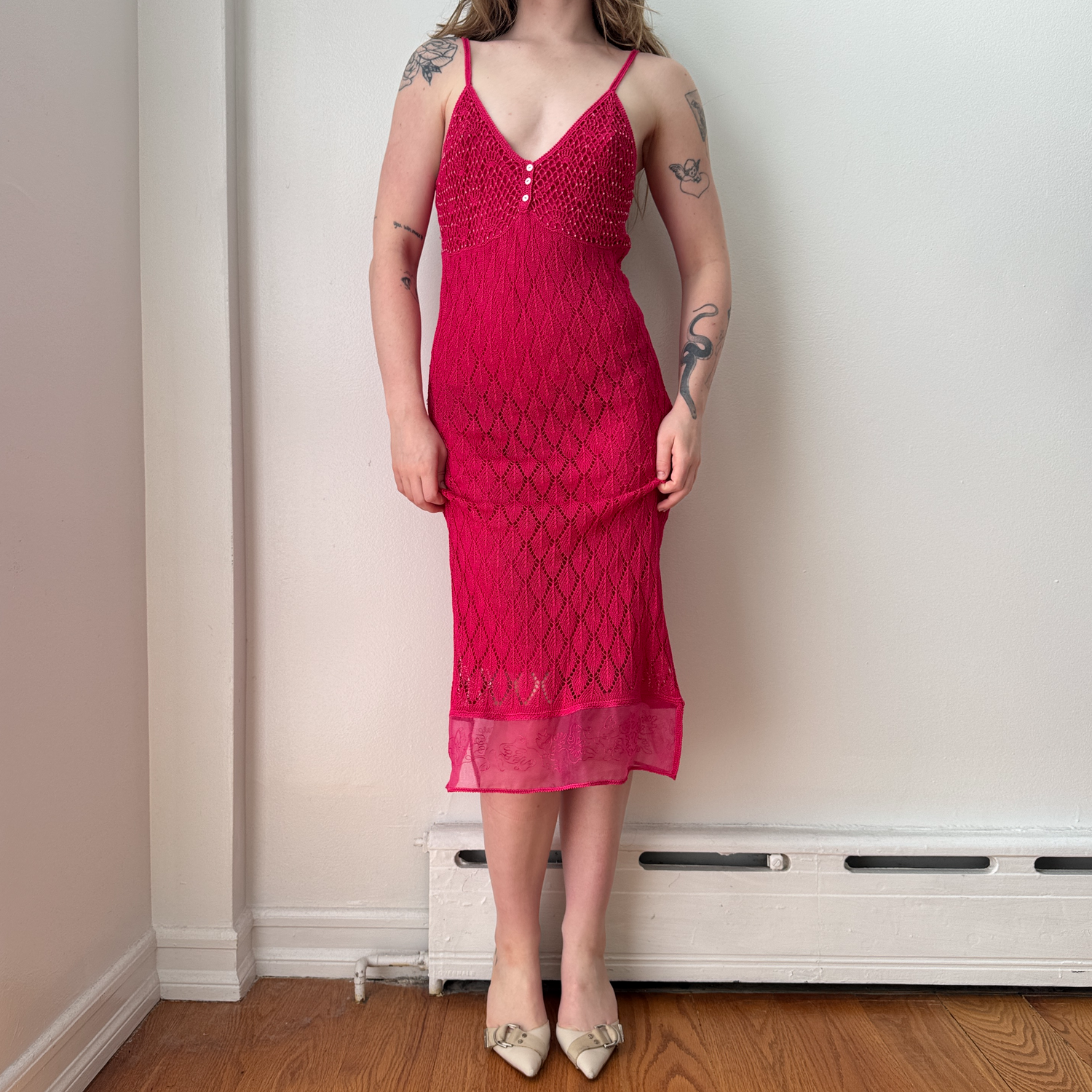 Italian Hot Pink Crochet Beaded Midi Dress