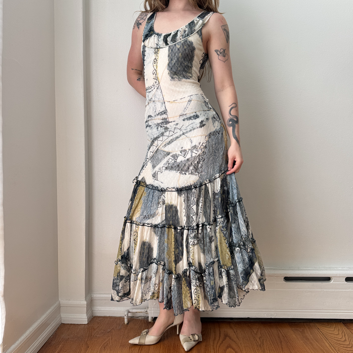 Italian White Blue Boho Mesh Lace Maxi Dress