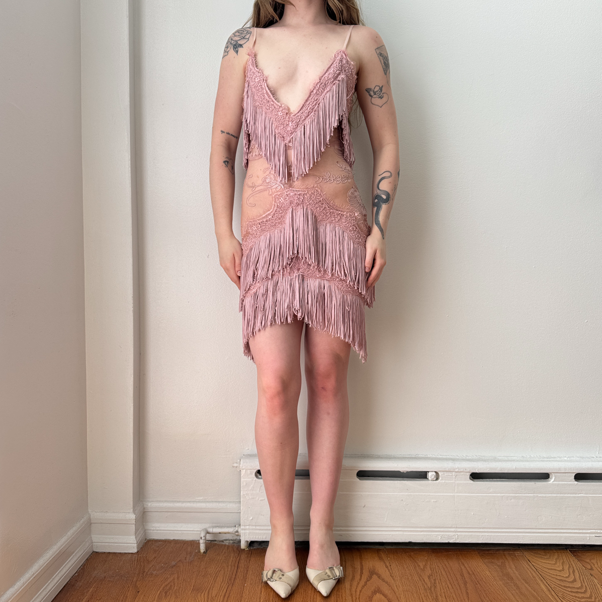 Italian Mauve Pink Lace Fringe Midi Dress