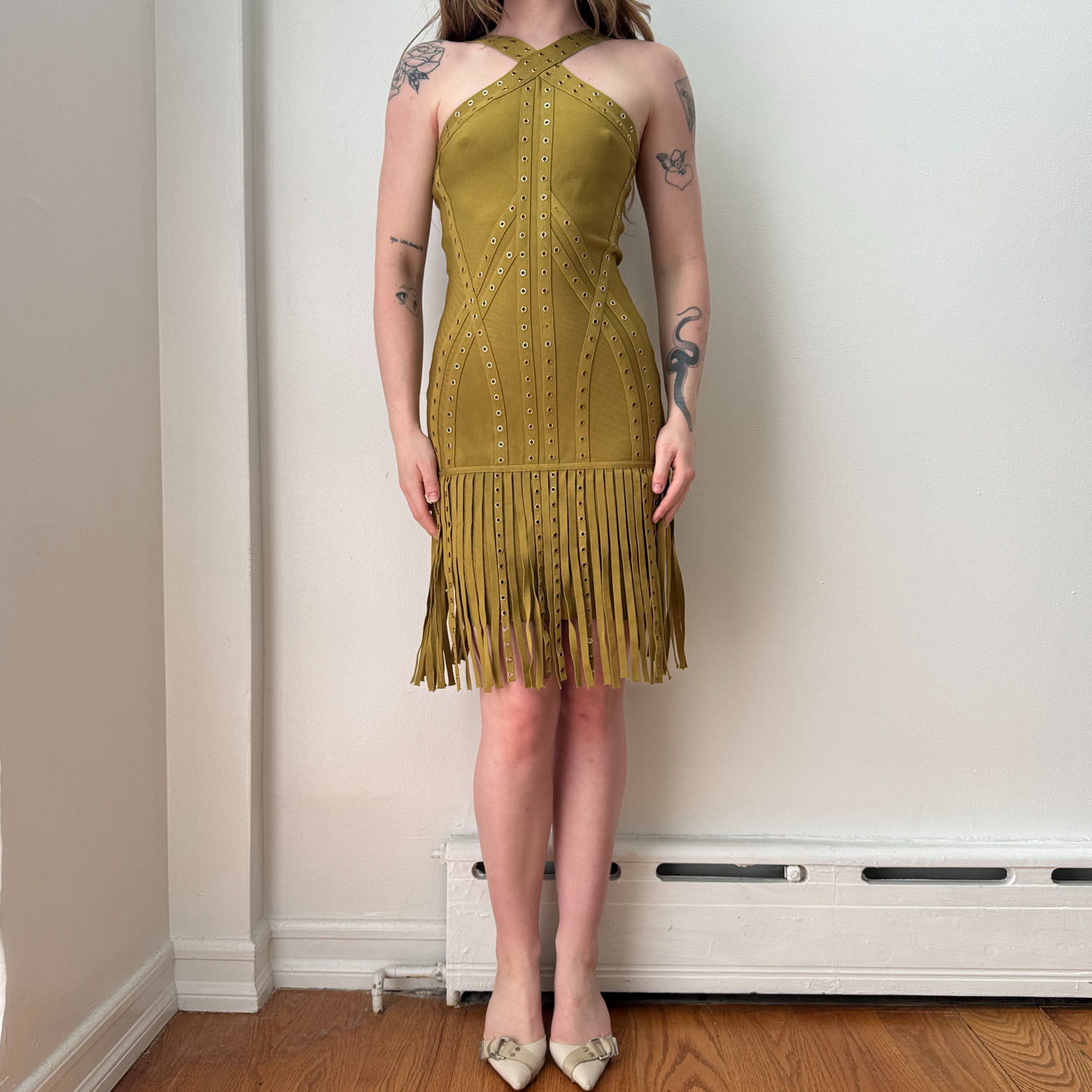 Italian Olive Grommet Fringe Bandage Midi Dress