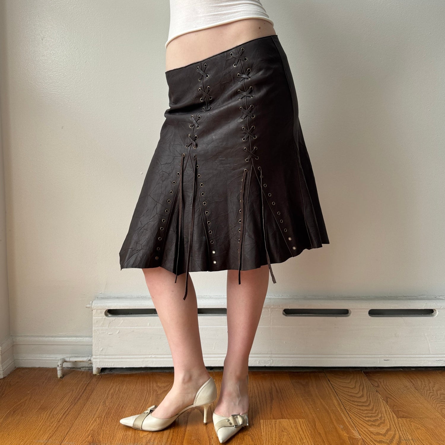 Italian Brown Leather Lace Up Midi Skirt