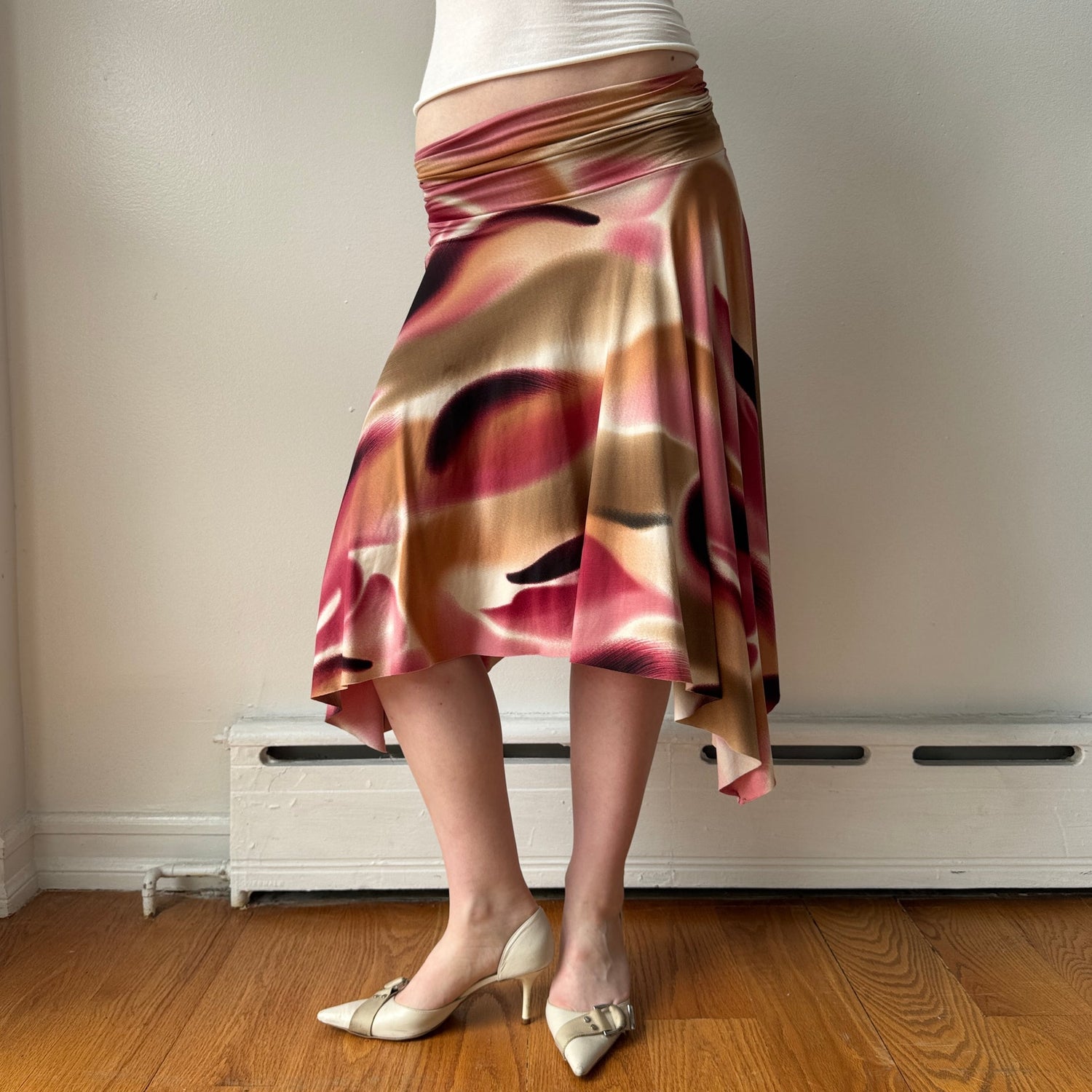 Italian Pink Abstract Ruffled Midi Skirt