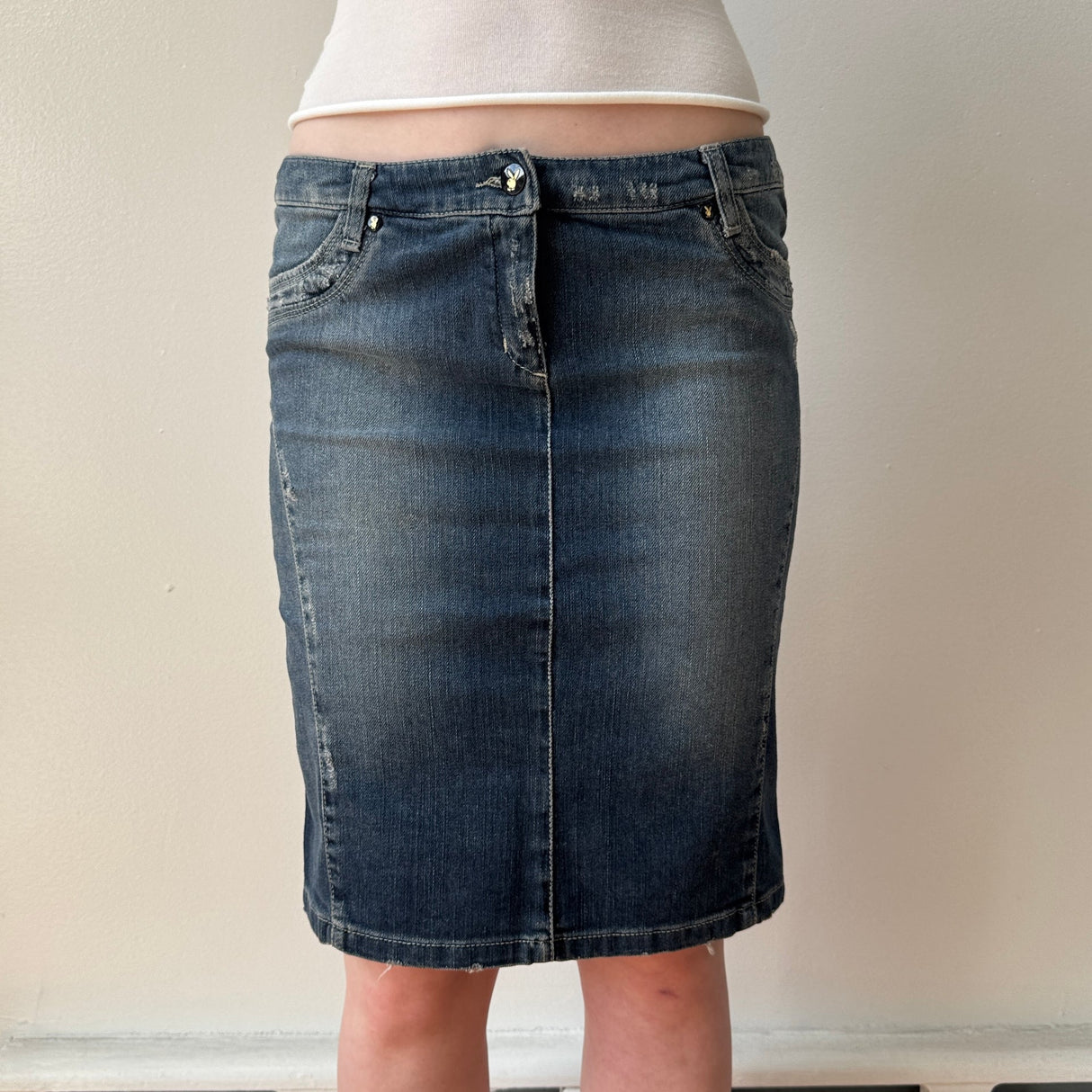 Playboy Denim Rhinestone Midi Skirt