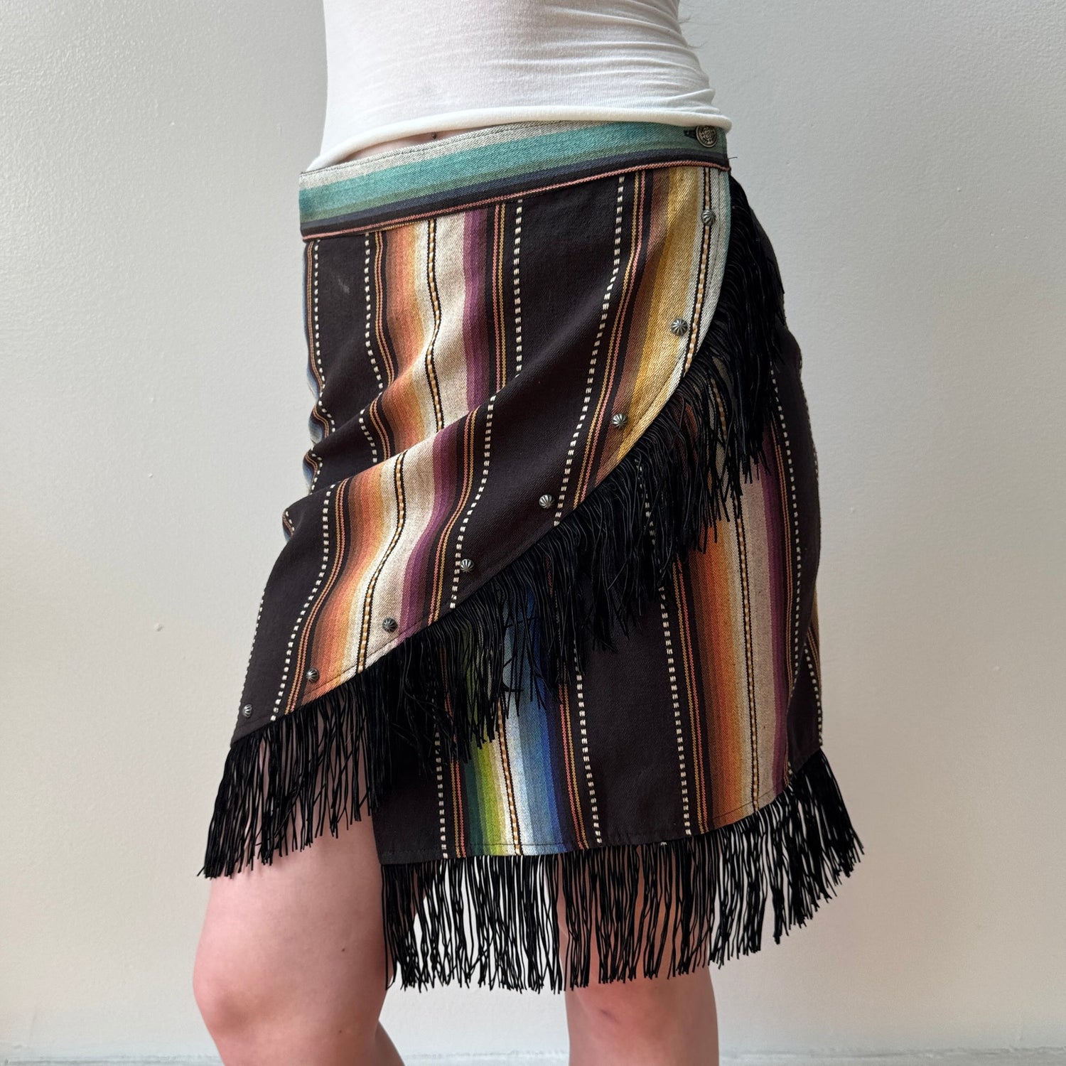Italian Striped Fringe Canvas Wrap Midi Skirt