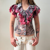 Italian Pink Grey Lace Ruffled Button Down