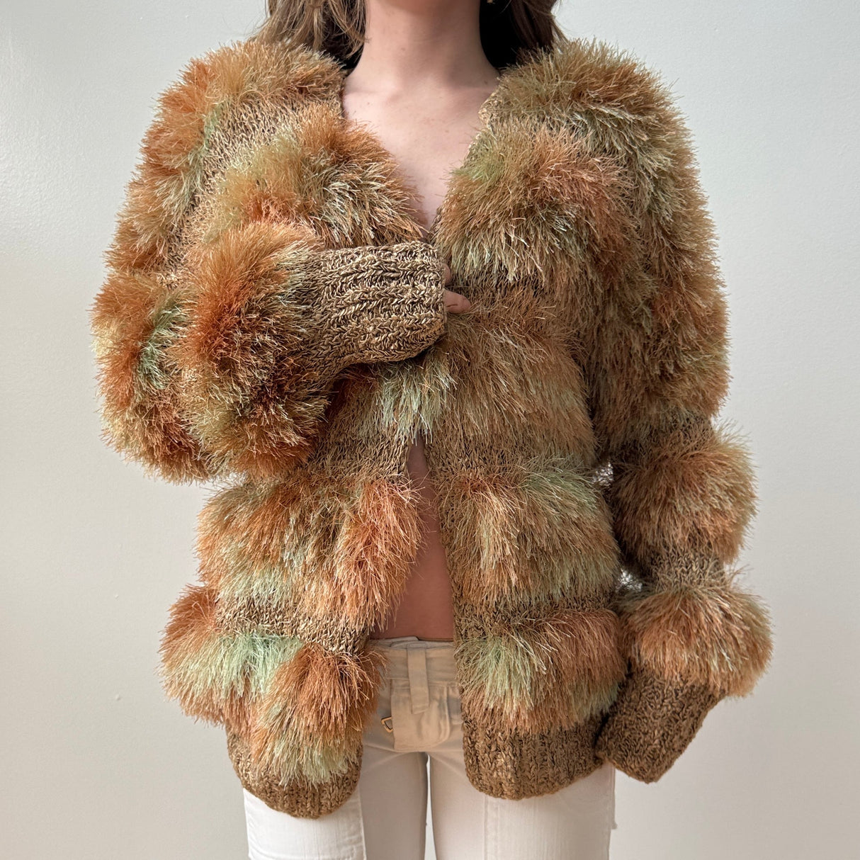 Italian Orange Khaki Striped Shaggy Cardigan