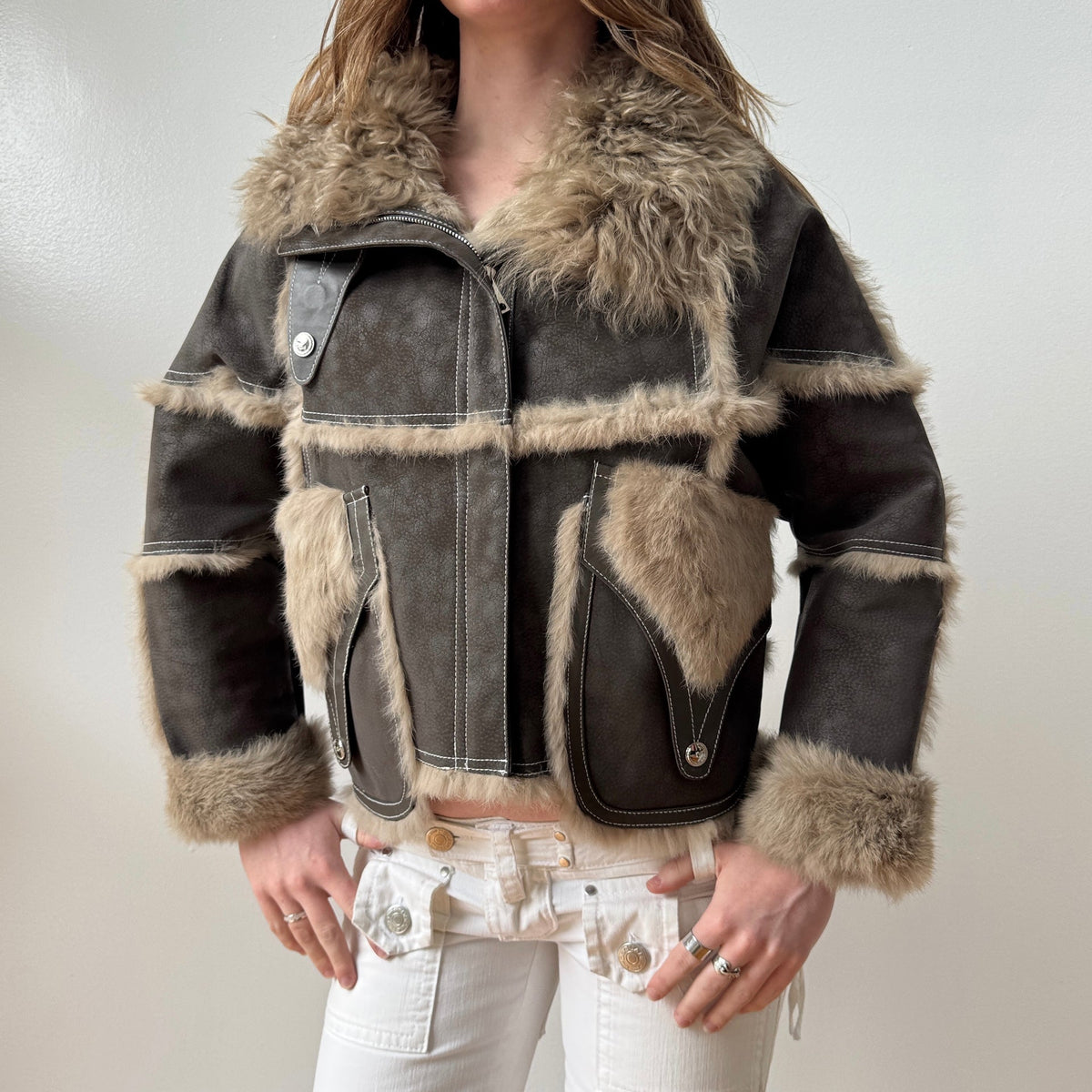 Grey Cream Sherpa Fur Trim Leather Aviator Coat