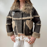 Grey Cream Sherpa Fur Trim Leather Aviator Coat