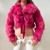 Hot Pink Fox Fur Cropped Tie Front Coat