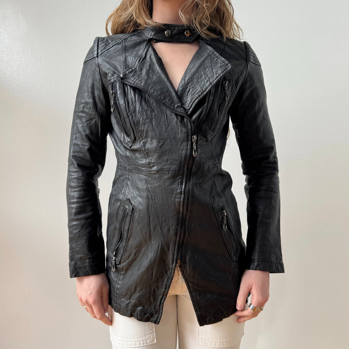 Black Leather Asymmetrical Moto Trench Jacket