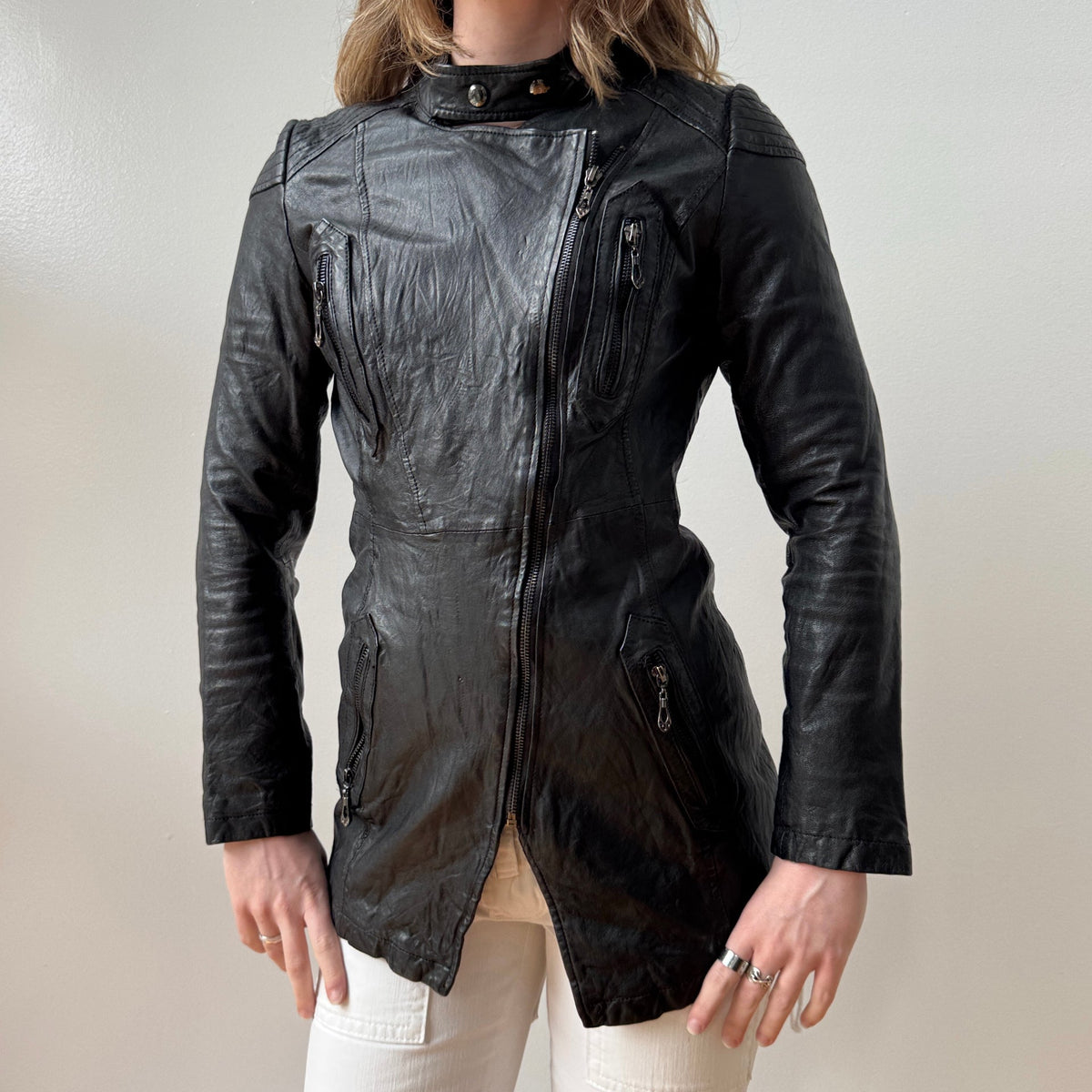Black Leather Asymmetrical Moto Trench Jacket