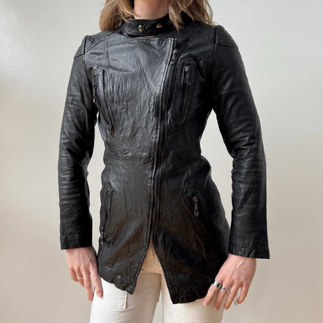 Black Leather Asymmetrical Moto Trench Jacket