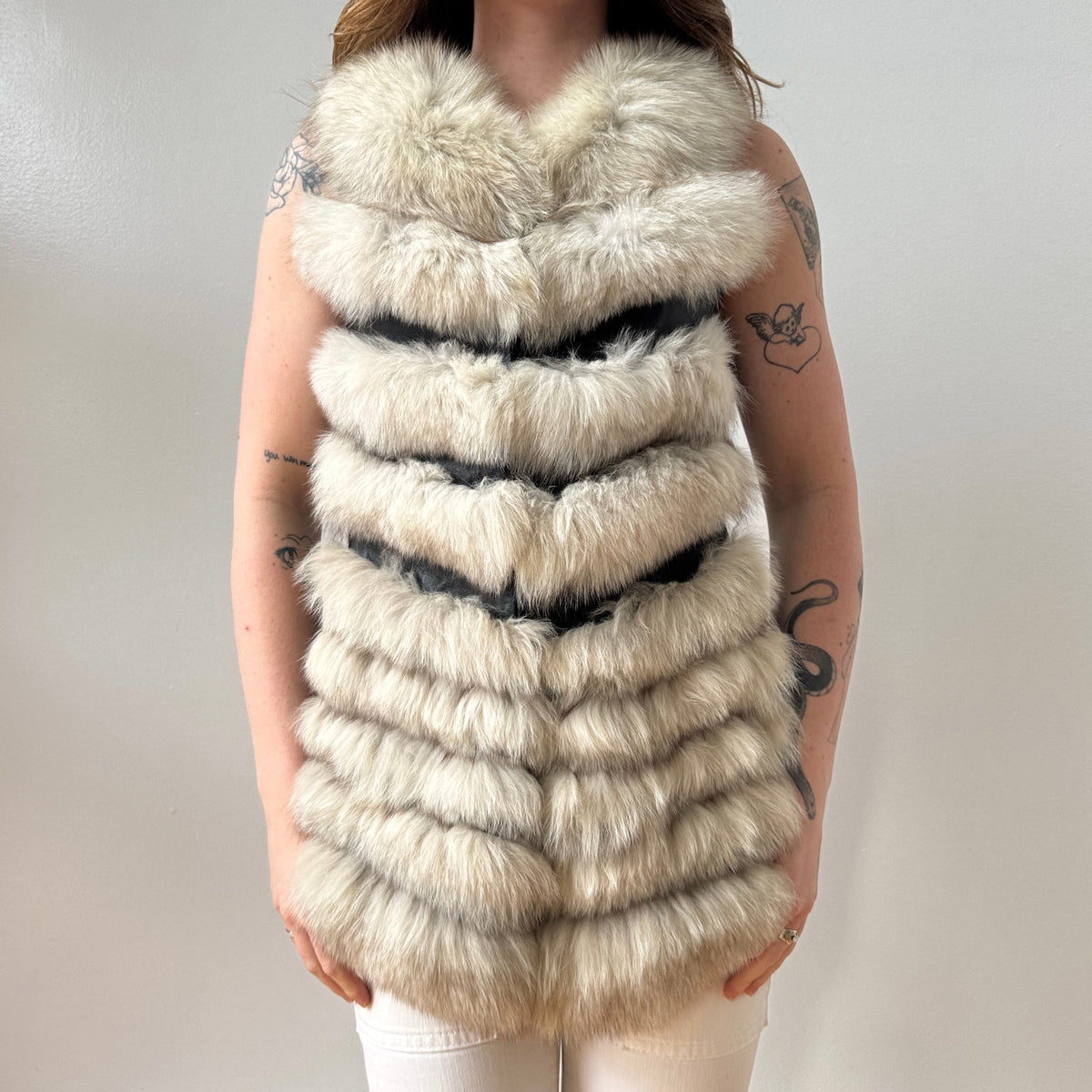 Black Leather Cream Fox Fur Vest