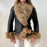 Black Suede Brown Fur Trim Tie Waist Coat